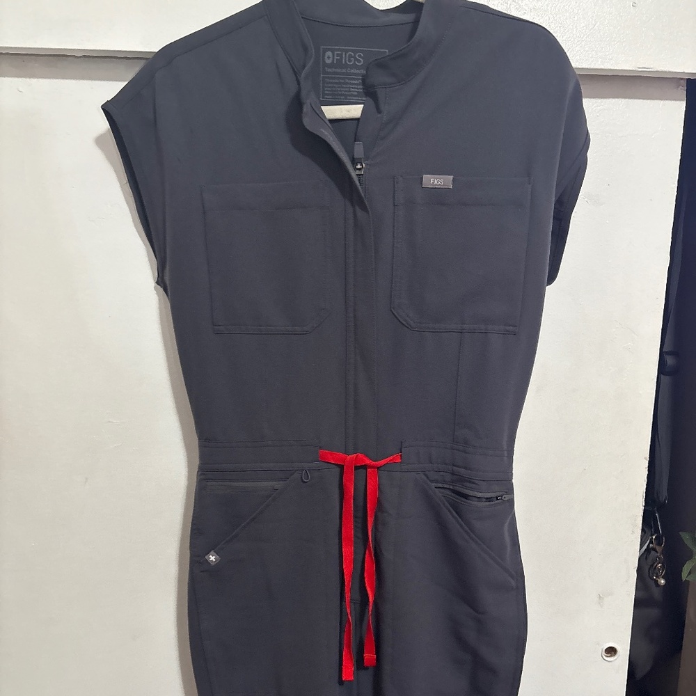 Figs Charcoal Jumpsuit with Red Accents